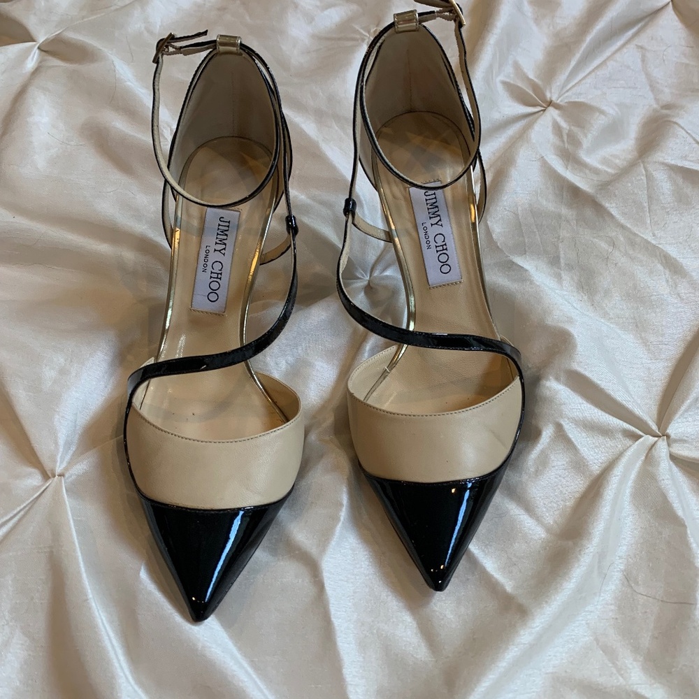 Jimmy Choo Black/Tan/Gold Leather Dorsey Pump sz 39